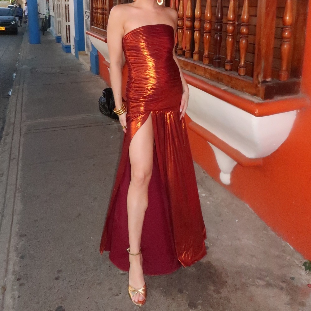 Retrofete Strapless Metallic Red Dress